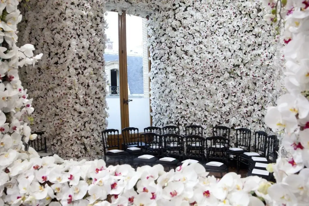 An architectural floral installation for an event