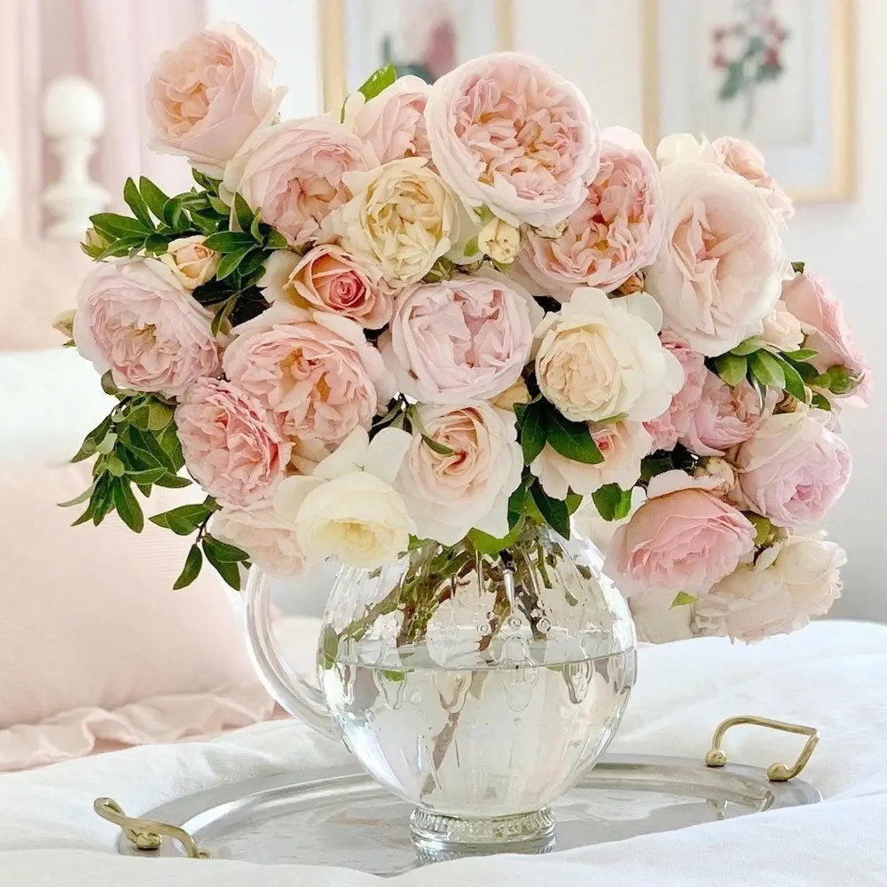 A delicate pastel bouquet with soft pink roses